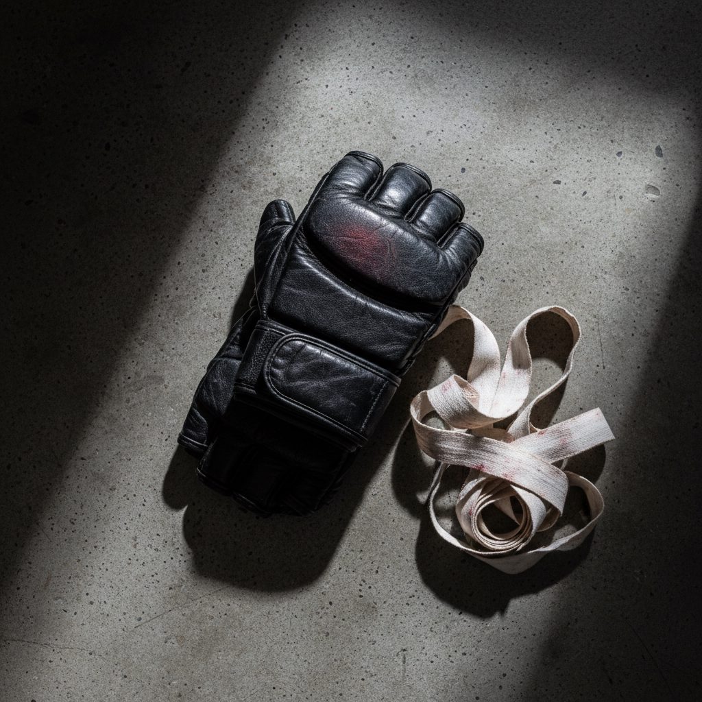 Worn gloves and hand wraps on raw concrete