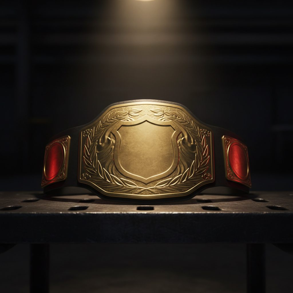 A championship belt catching warm light on a steel bench